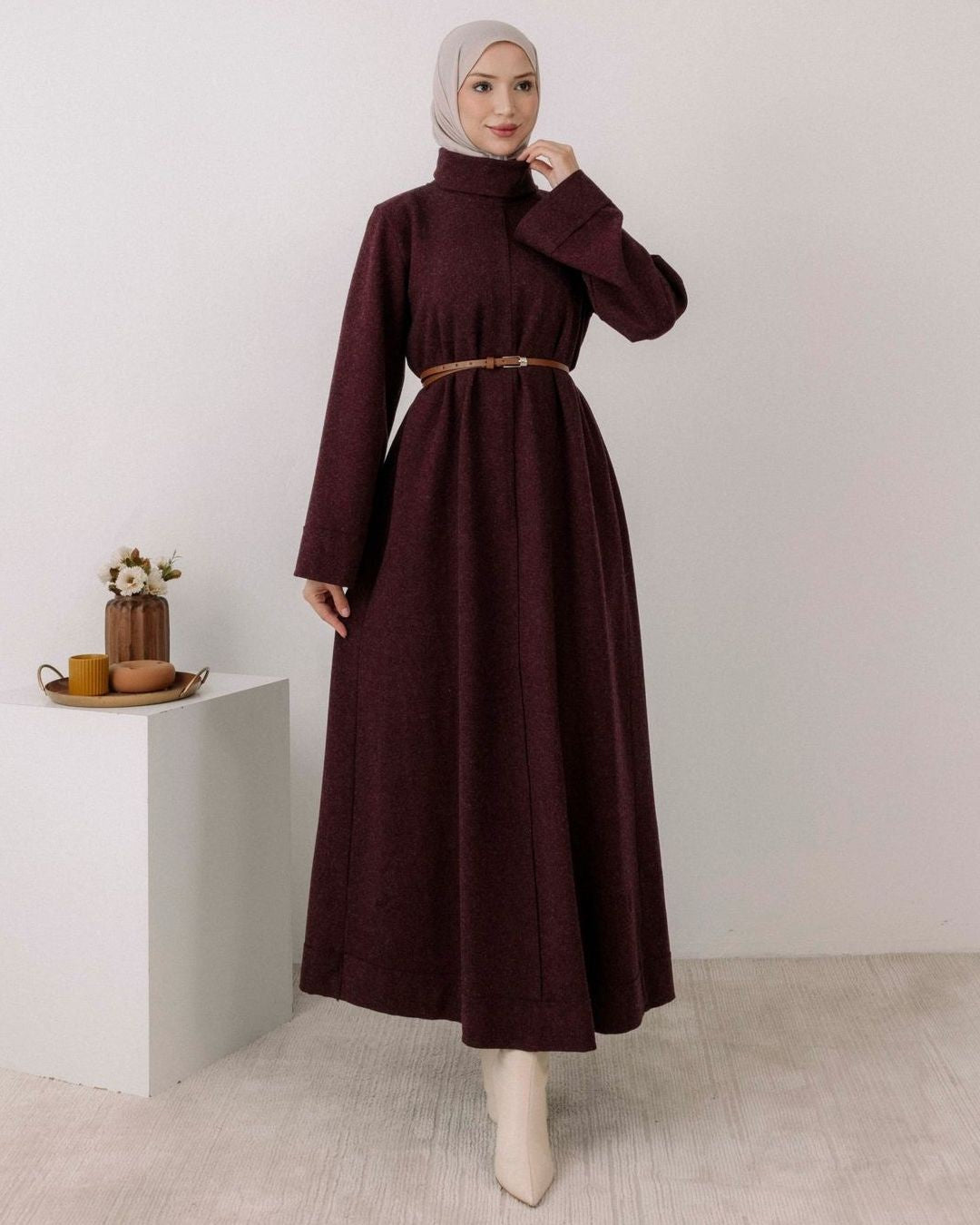 Dress + Belt - Burgundy - front view