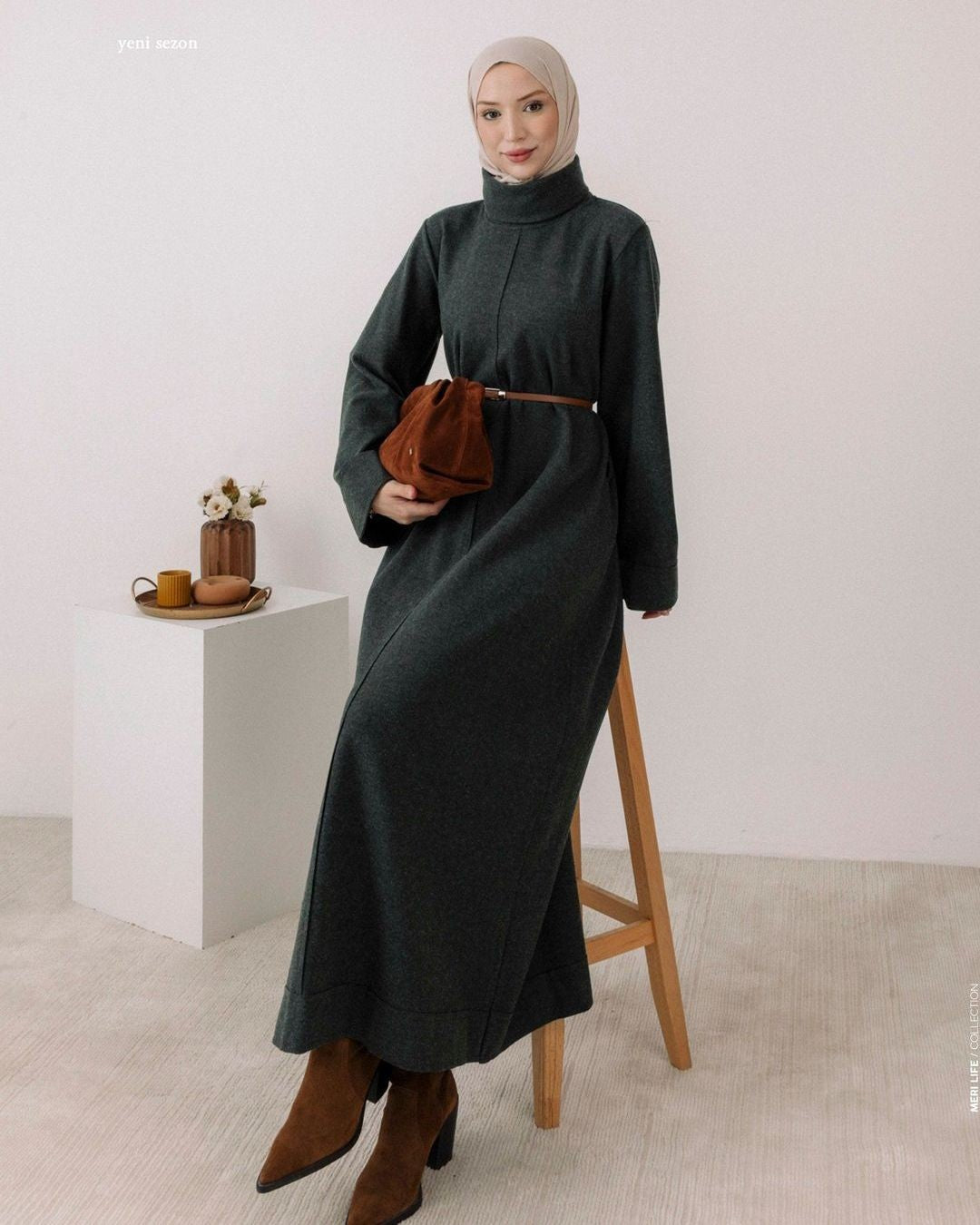 Dress + Belt - Dark Green - three-quarter view