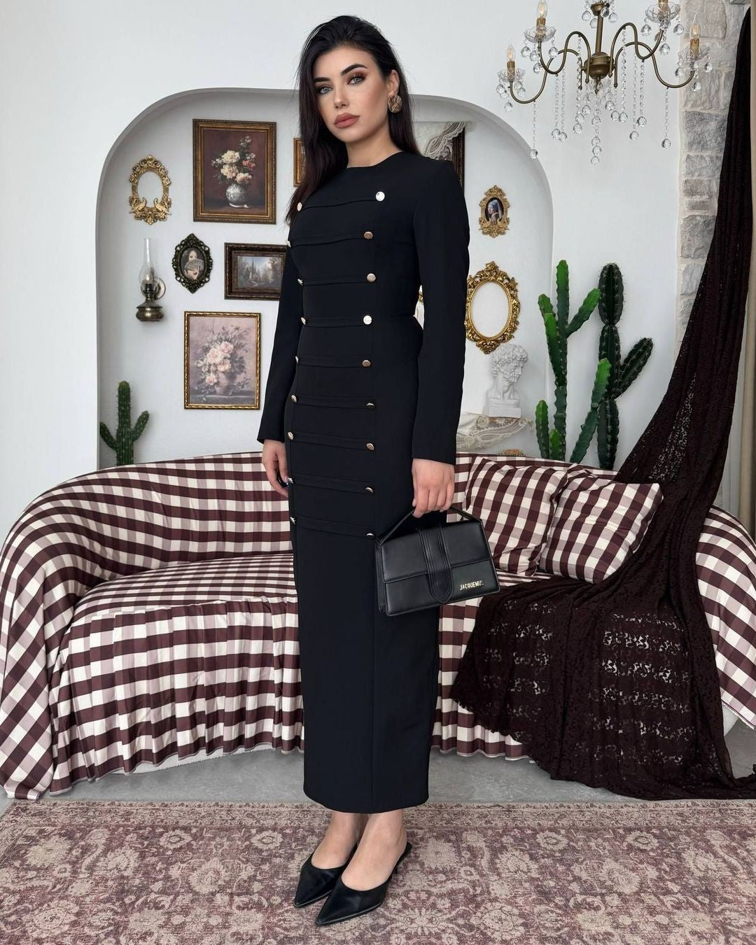 The Aurelle Gold-Button Maxi Dress - Black - front view