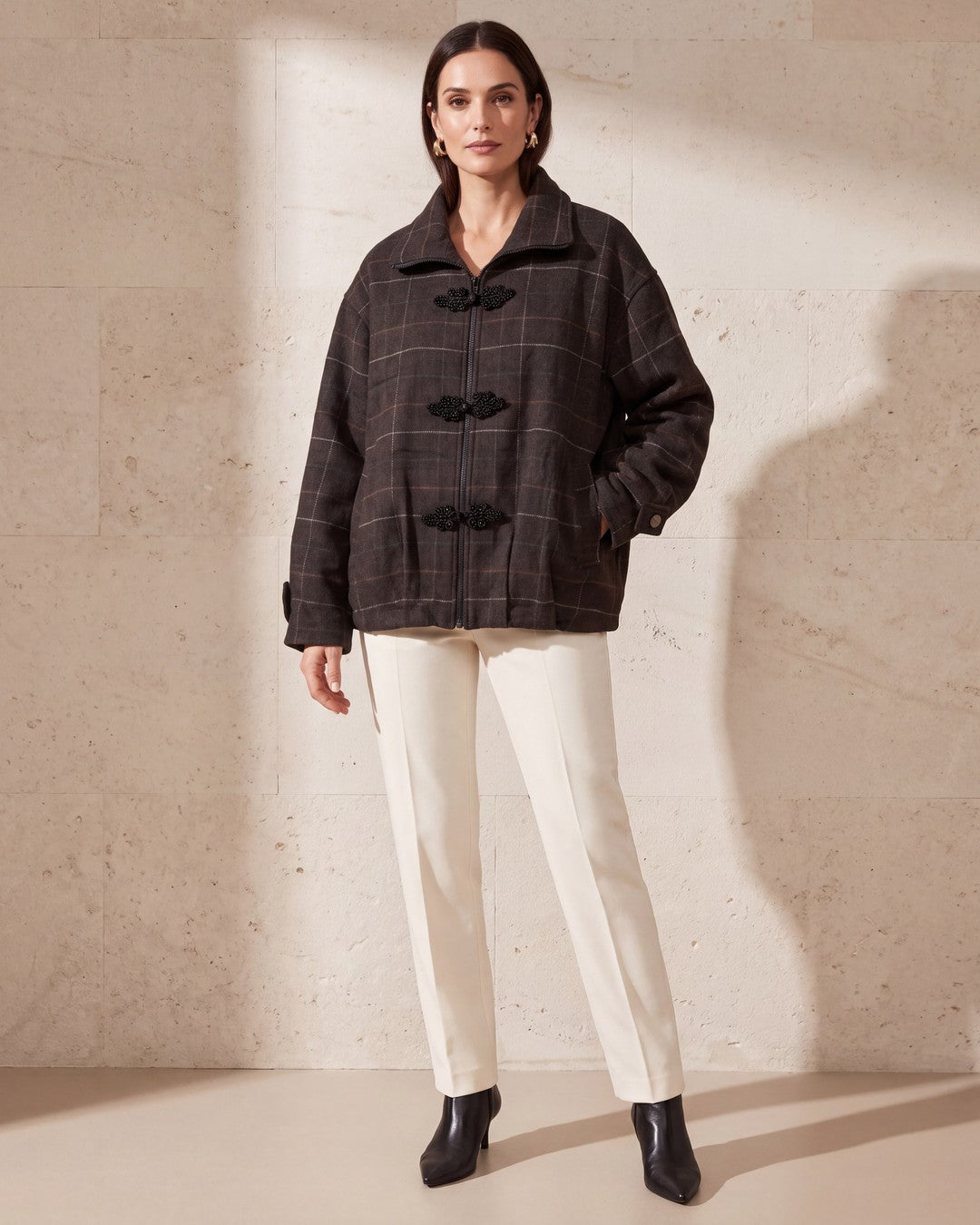 Espresso Plaid Wool-Blend Jacket - Dark Brown - front view