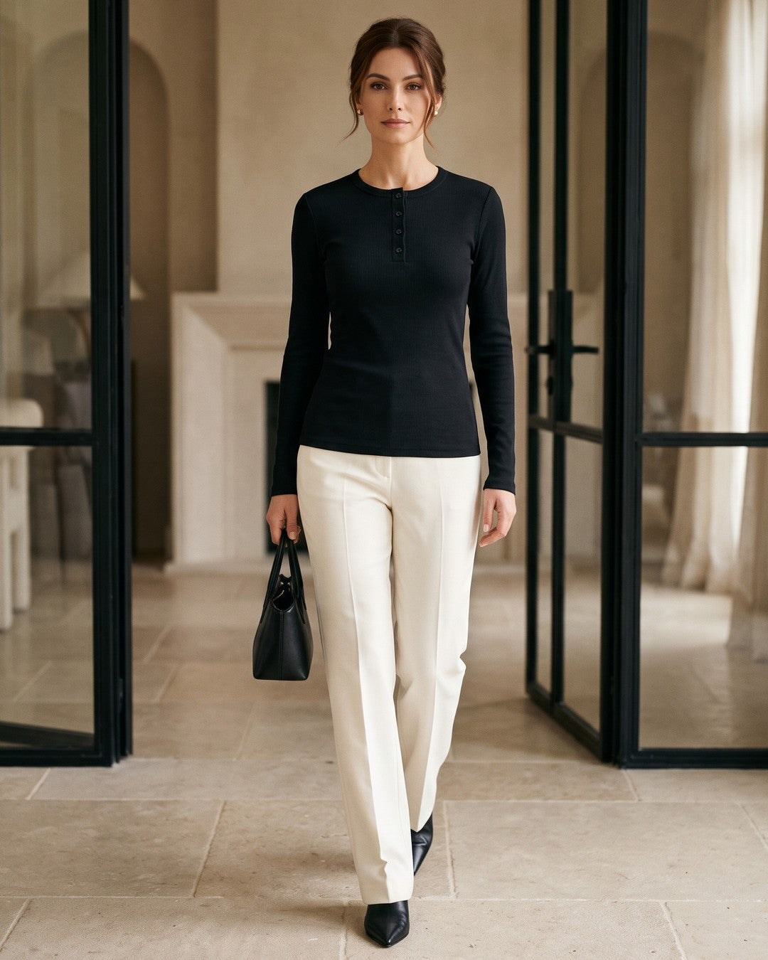 Fall Basic Buttoned Top - Black - front view