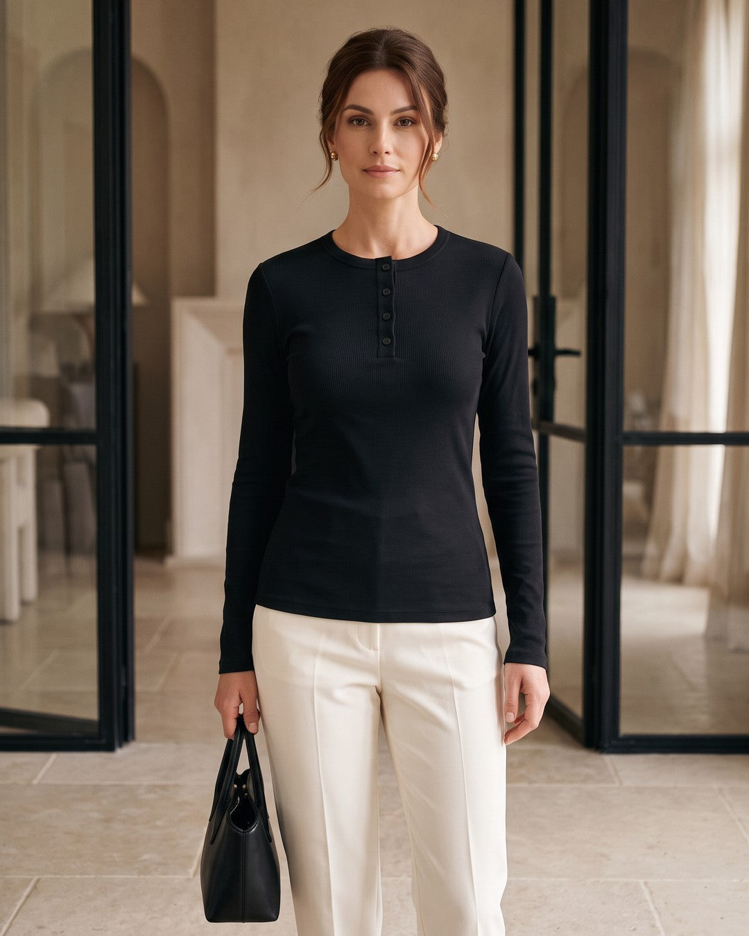 Fall Basic Buttoned Top - Black - front view