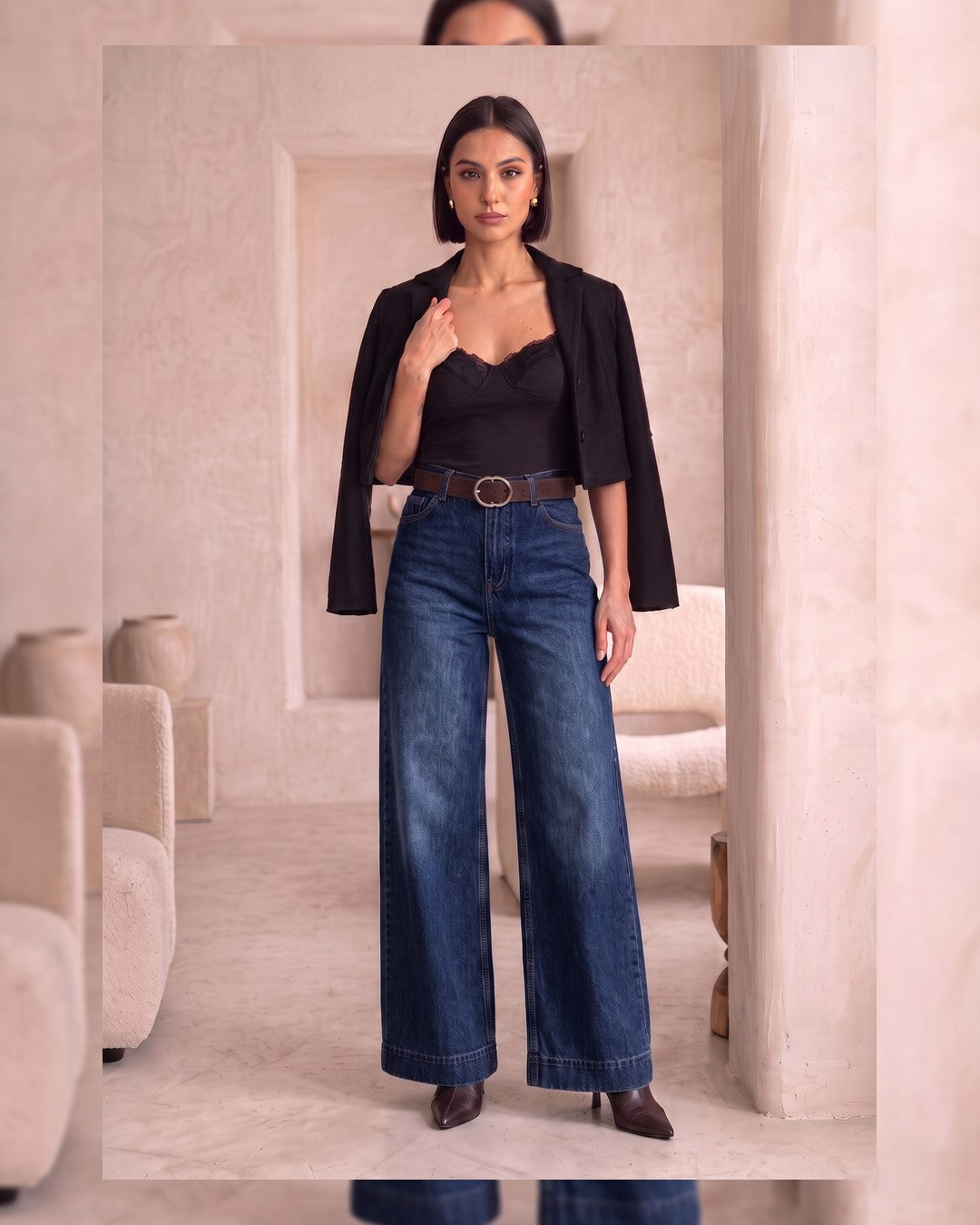 Fall Dark Color Denim + Belt - Denim - front view