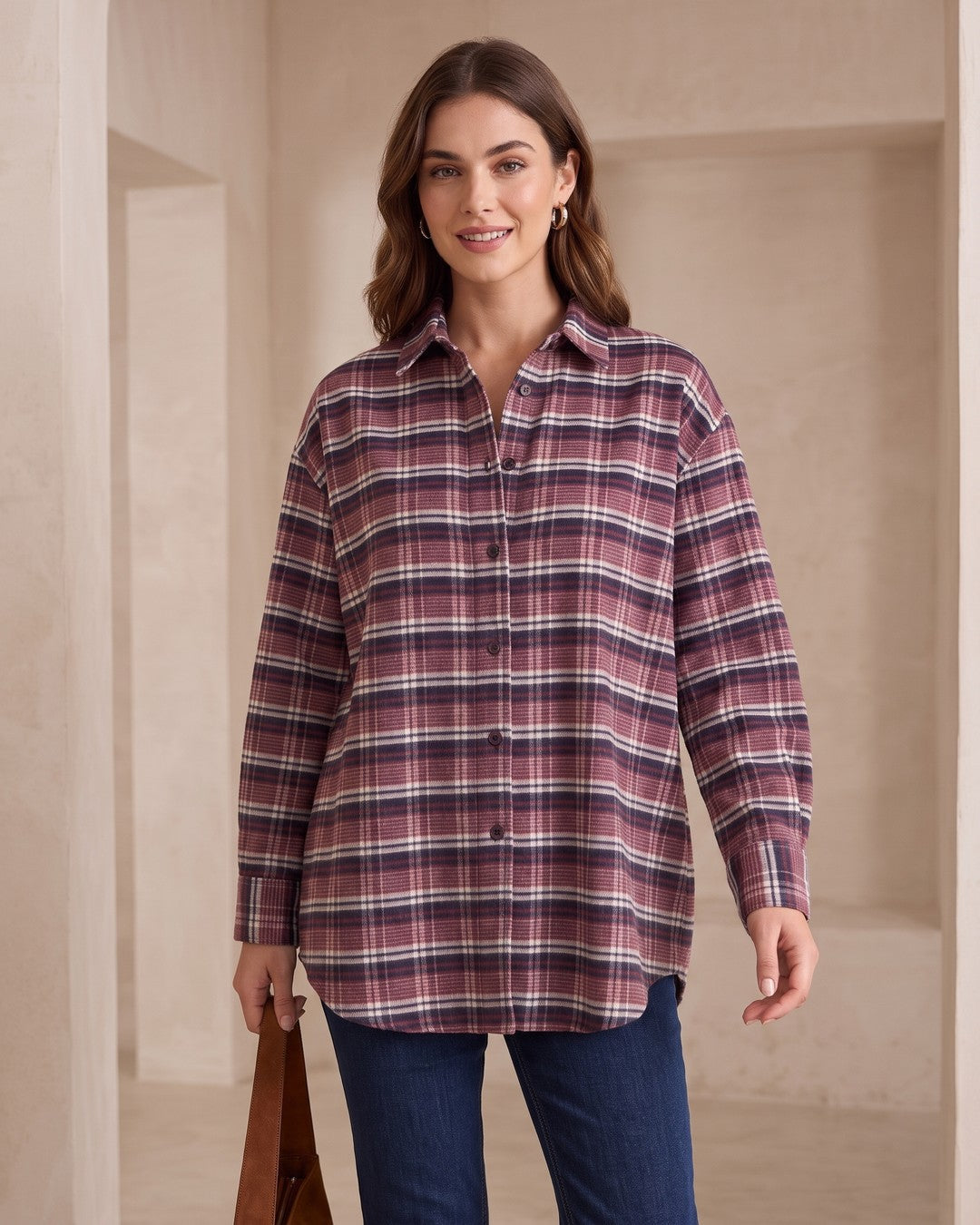 Fall Plaid Detailed Shirt - Burgundy - front view