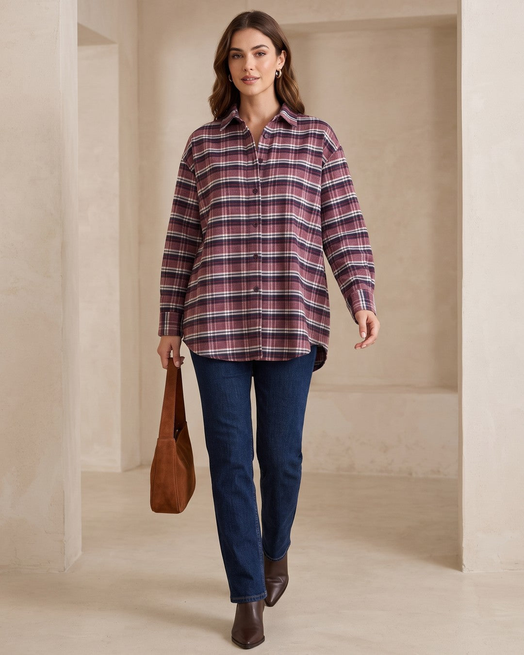 Fall Plaid Detailed Shirt - Burgundy - front view