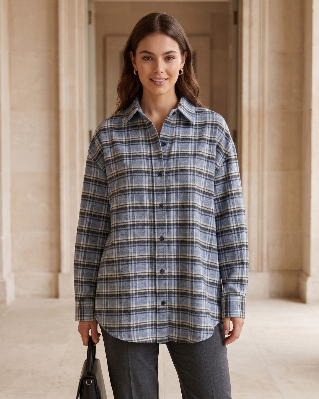 Fall Plaid Detailed Shirt - Blue - front view