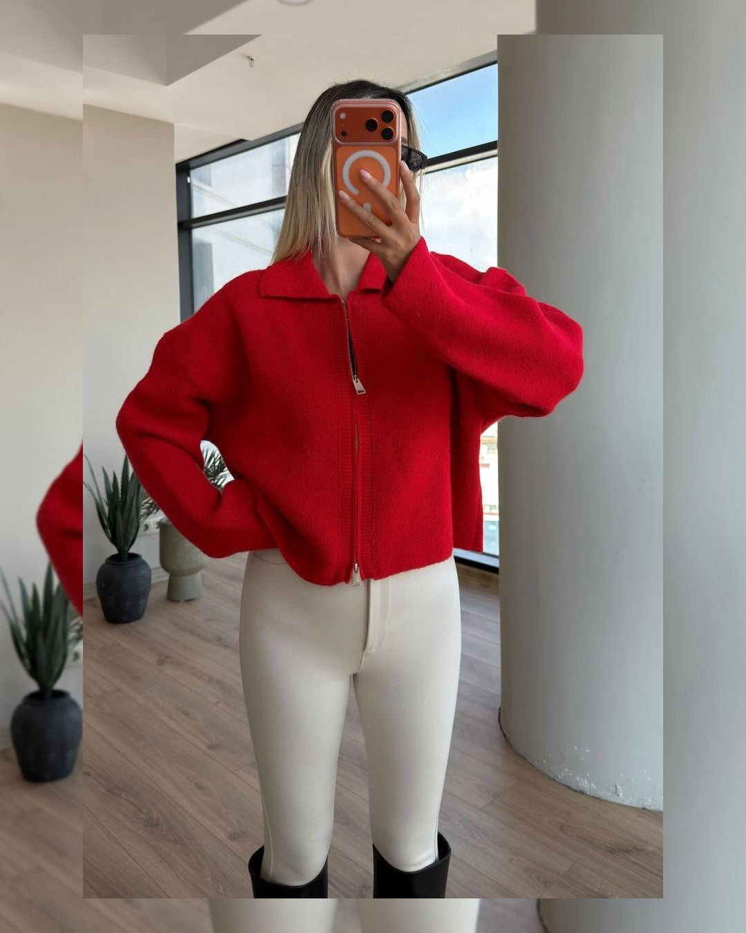 Fall Zip Up Cardigan - Red - front view