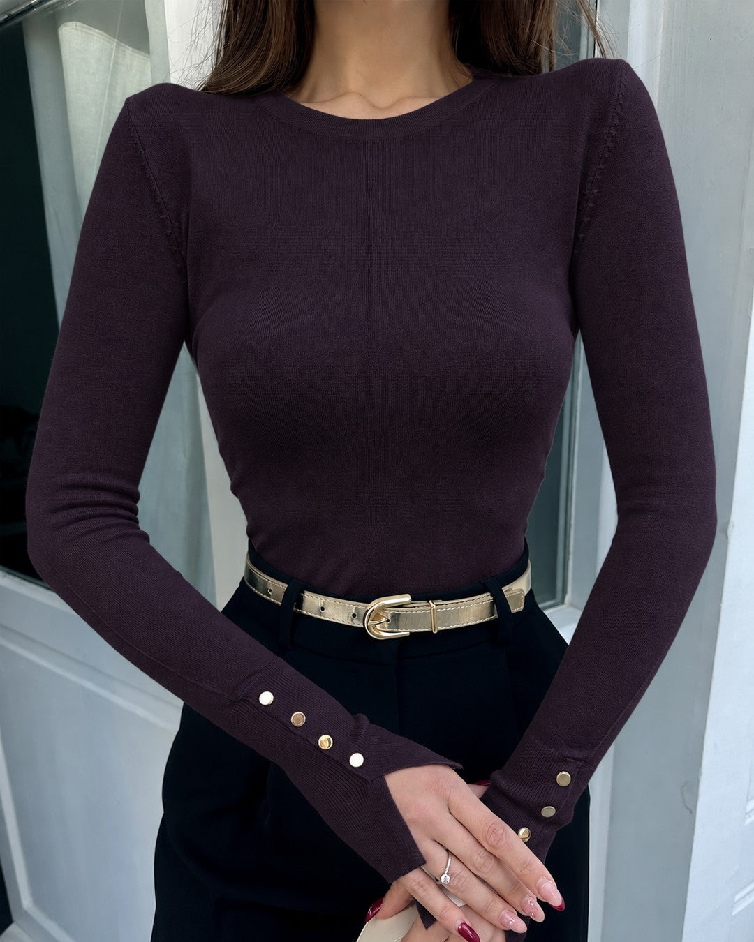 Fitted Knit Top with Button Cuffs - Purple - front view