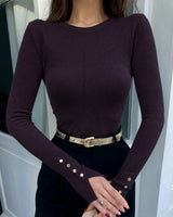 Fitted Knit Top with Button Cuffs - Purple - front view