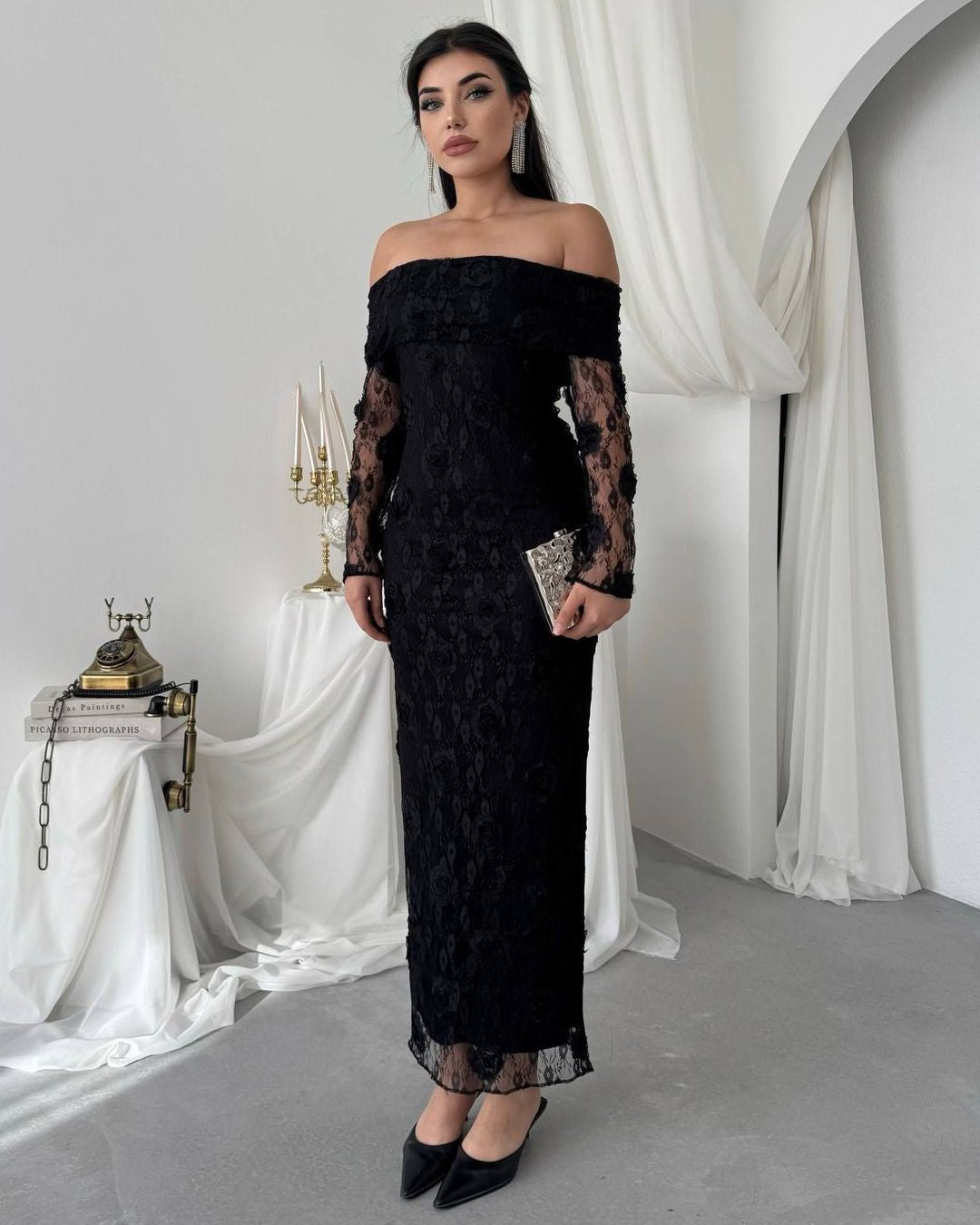 Floral Appliqué Lace Gown - Black - front view