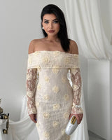 Floral Appliqué Lace Gown - Off White - front view