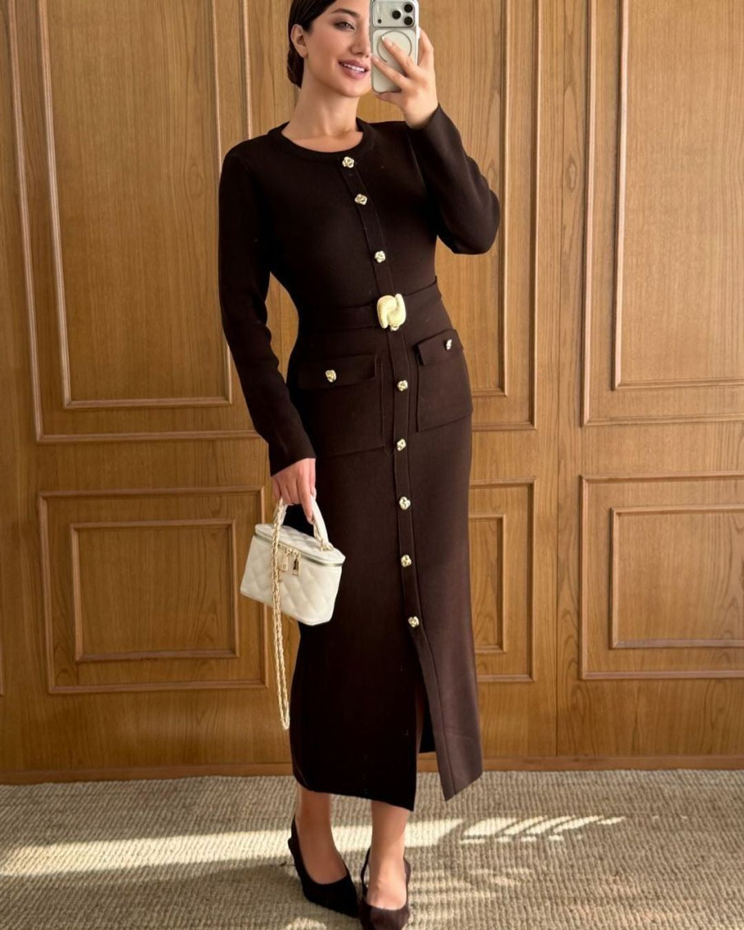 Gold Detail Fall Dress - Brown - front view