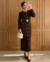 Gold Detail Fall Dress - Brown - front view