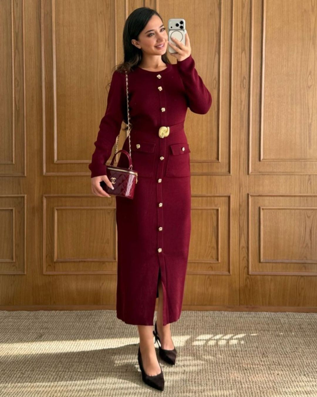 Gold Detail Fall Dress - Burgundy - front view
