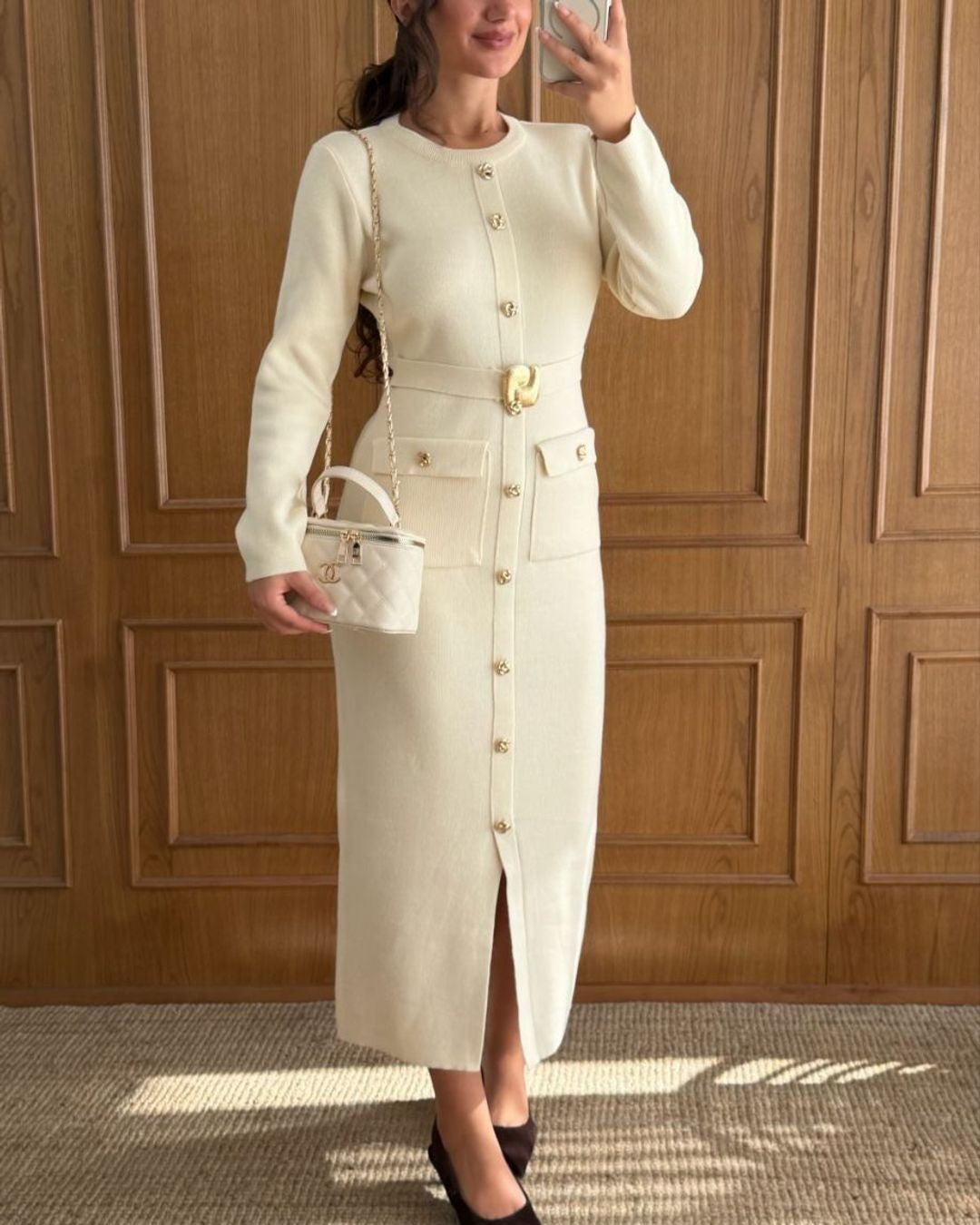 Gold Detail Fall Dress - Beige - front view