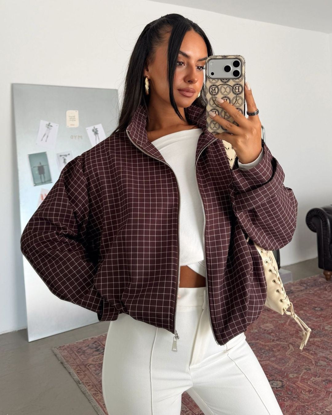 Grid Print Bomber Jacket