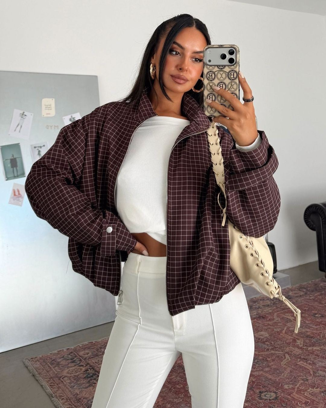 Grid Print Bomber Jacket