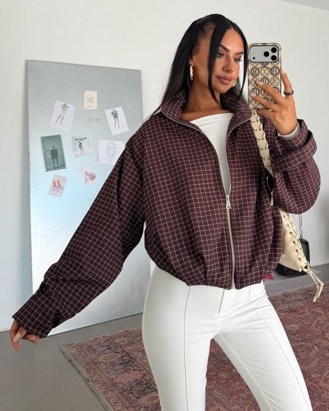 Grid Print Bomber Jacket