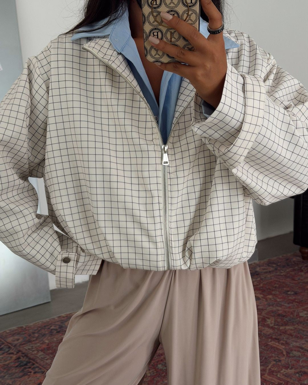 Grid Print Bomber Jacket