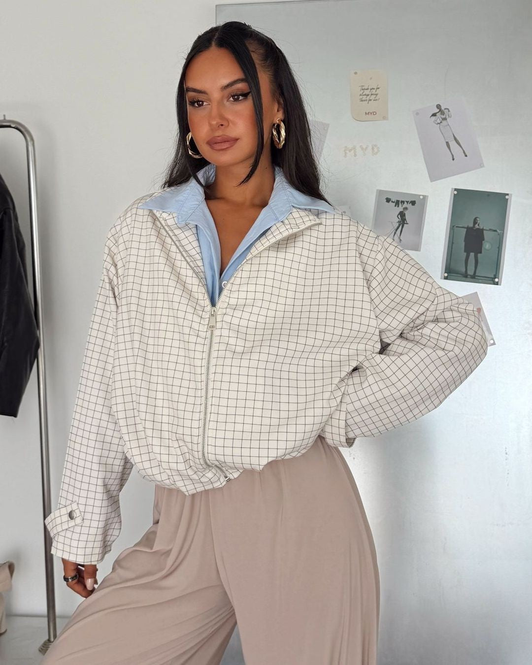 Grid Print Bomber Jacket