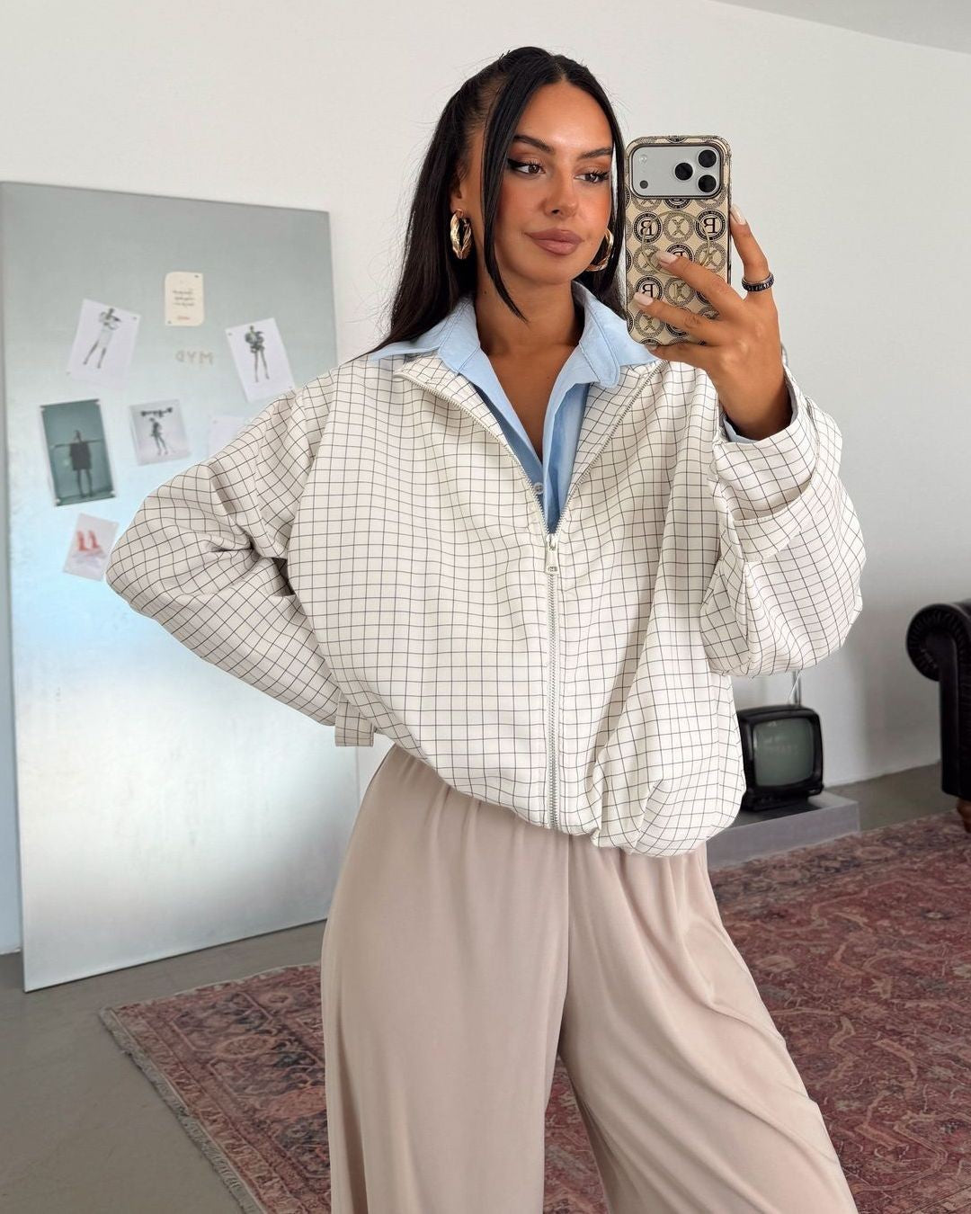 Grid Print Bomber Jacket