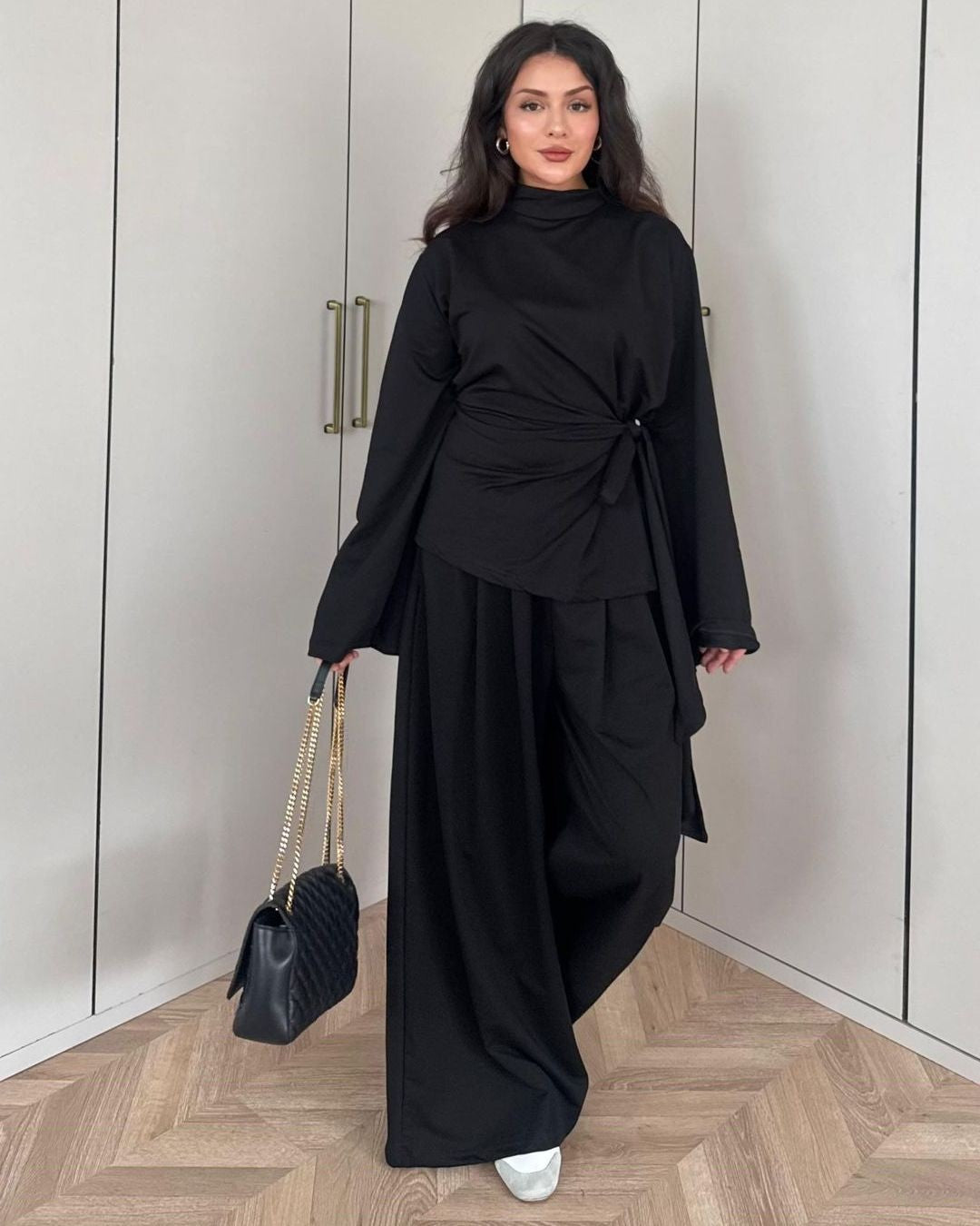 Heather Grey Wrap Set - Black - front view