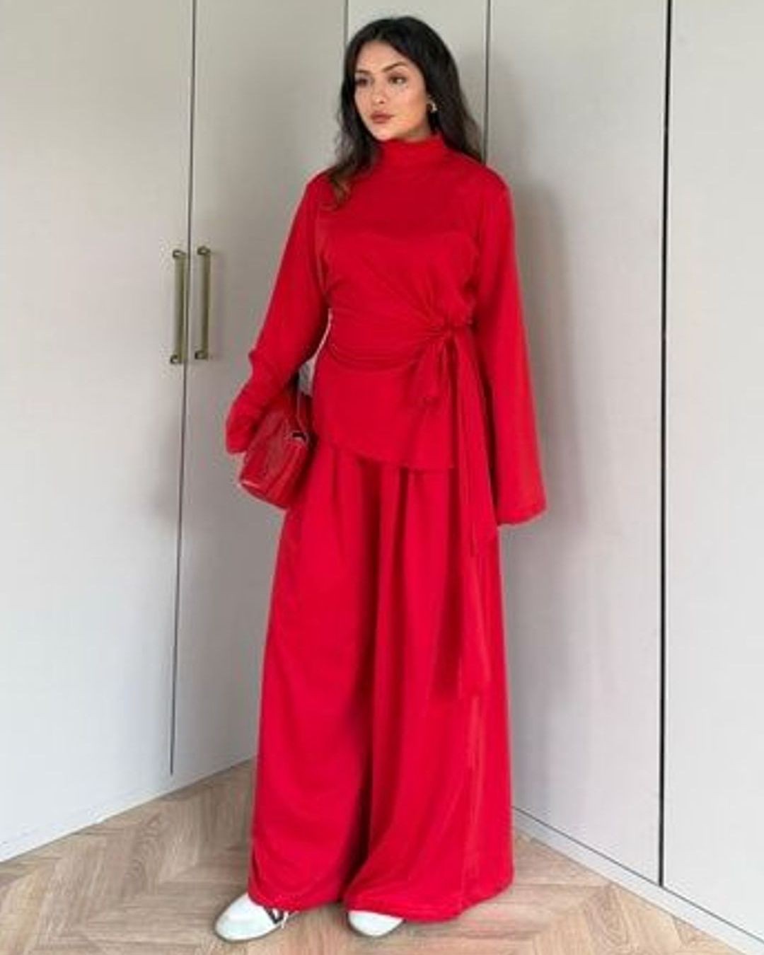 Heather Grey Wrap Set - Red - three-quarter view