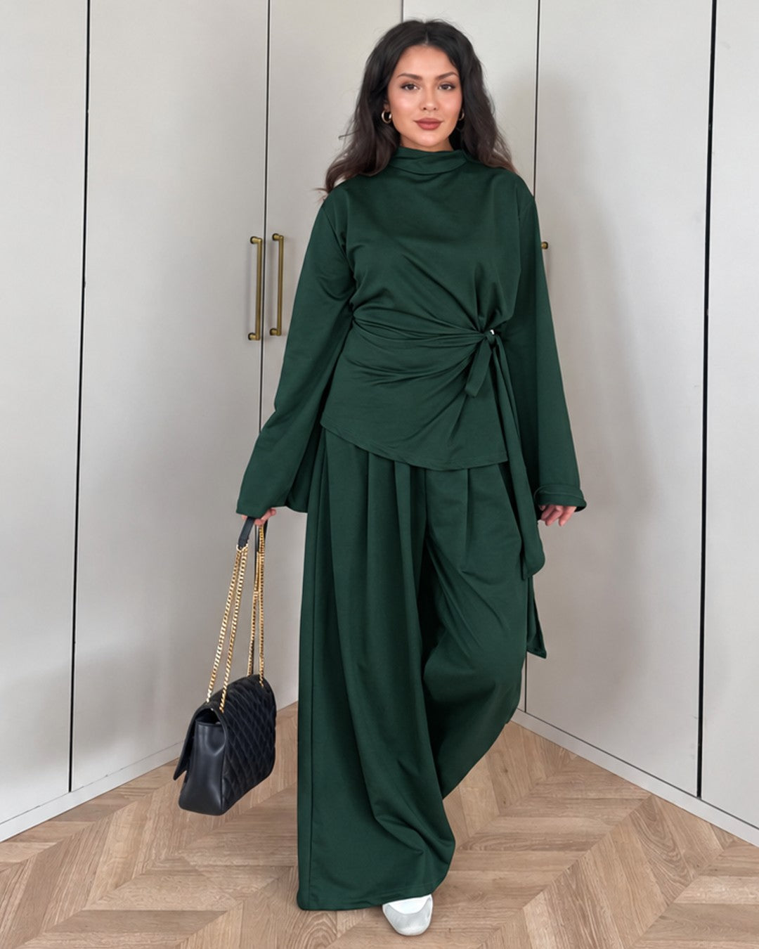 Heather Grey Wrap Set - Dark Green - front view