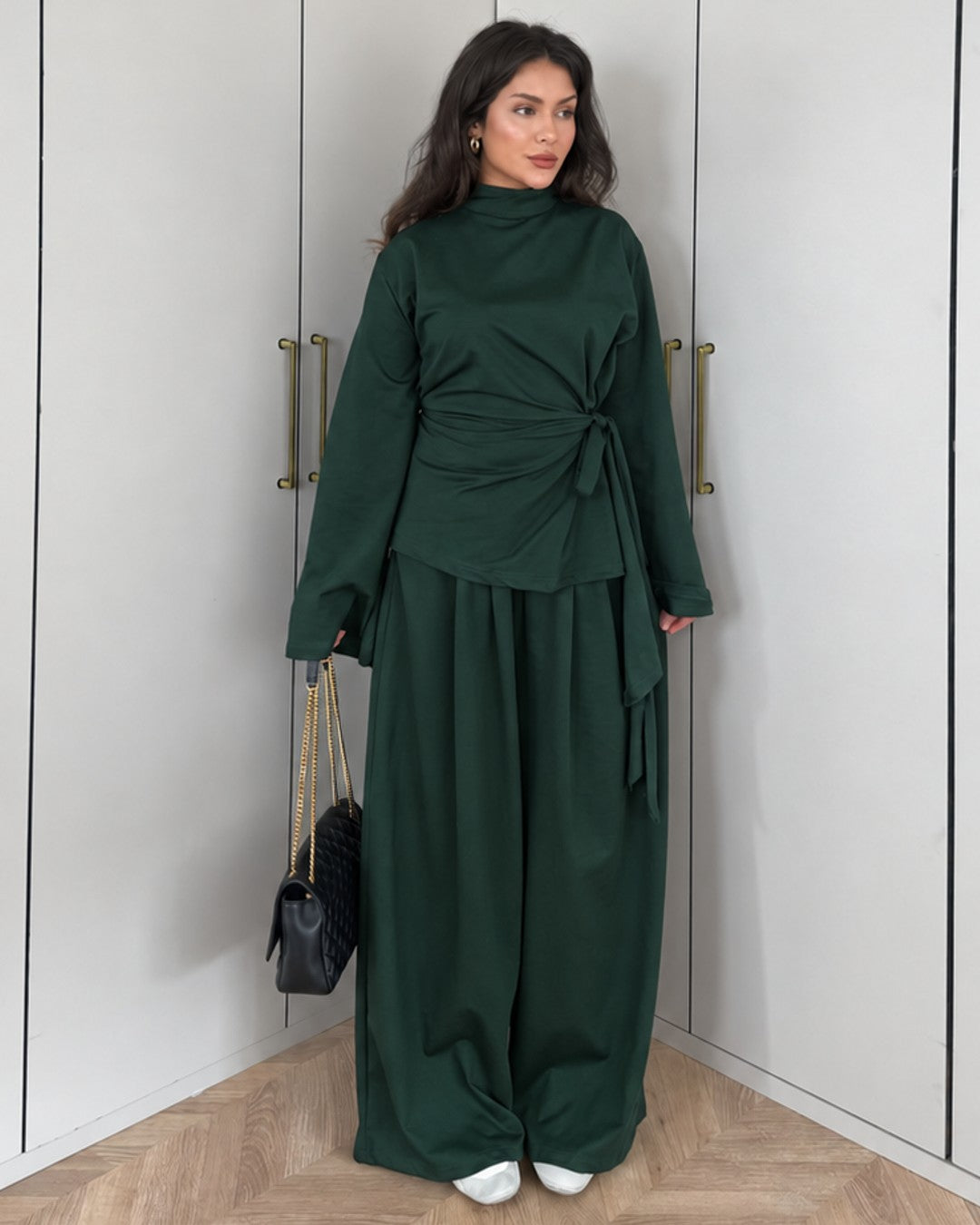 Heather Grey Wrap Set - Dark Green - front view