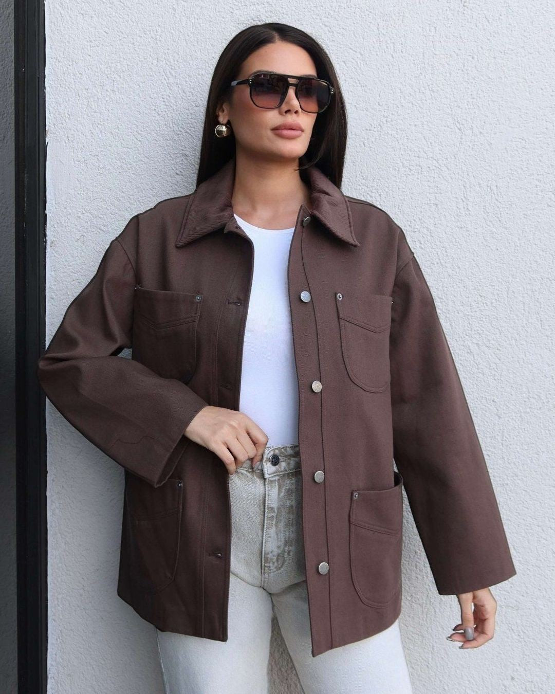 Heavy-Twill Overshirt Jacket - Brown - front view