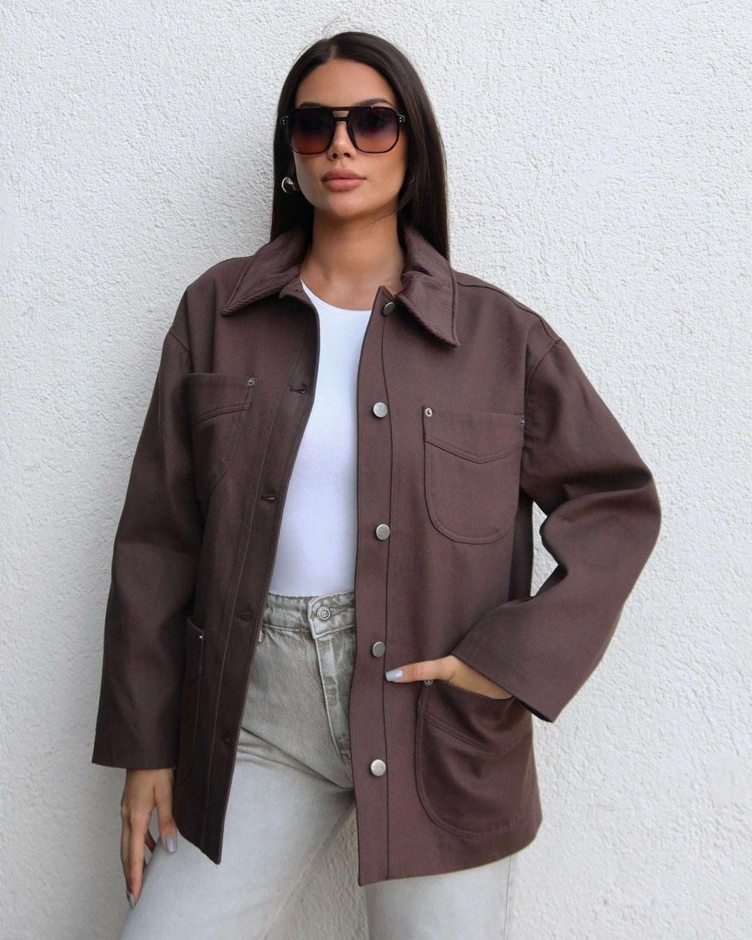 Heavy-Twill Overshirt Jacket - Brown - front view