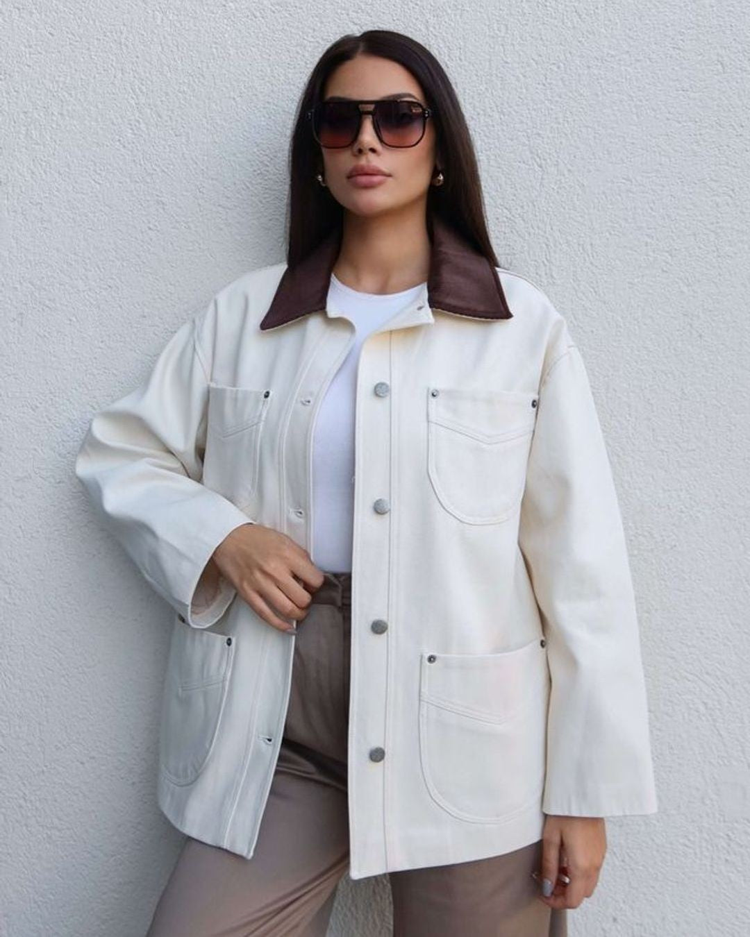 Heavy-Twill Overshirt Jacket - White - front view