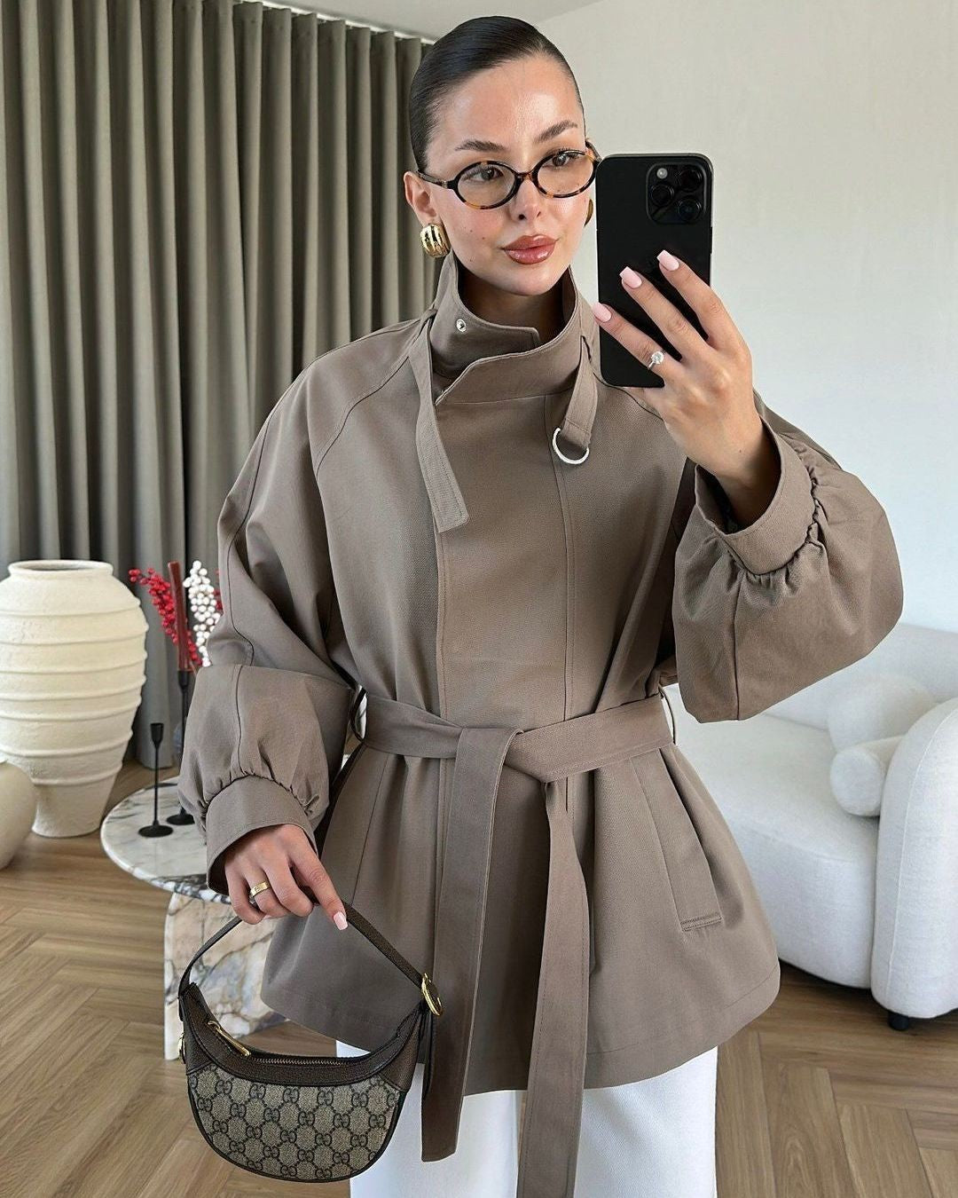 High Neck Must Have Trench + Belt - Khaki - front view