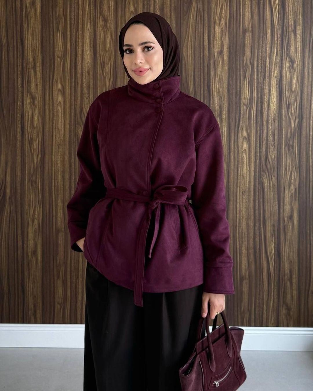 Suede High Neck Jacket - Purple - front view