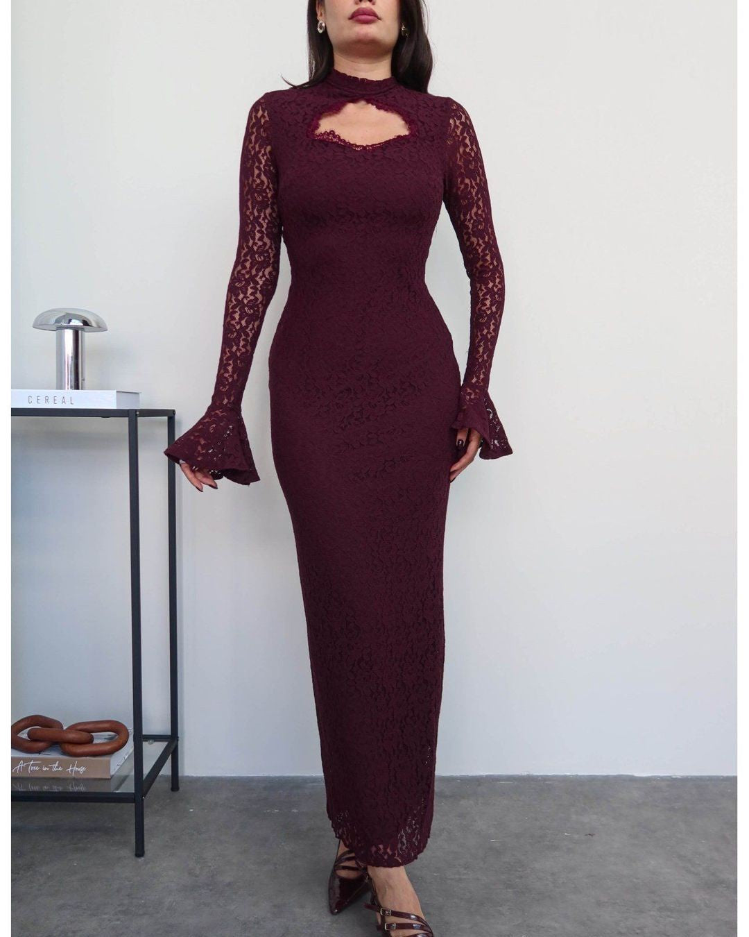 Lace Occasion Dress - Burgundy - front view