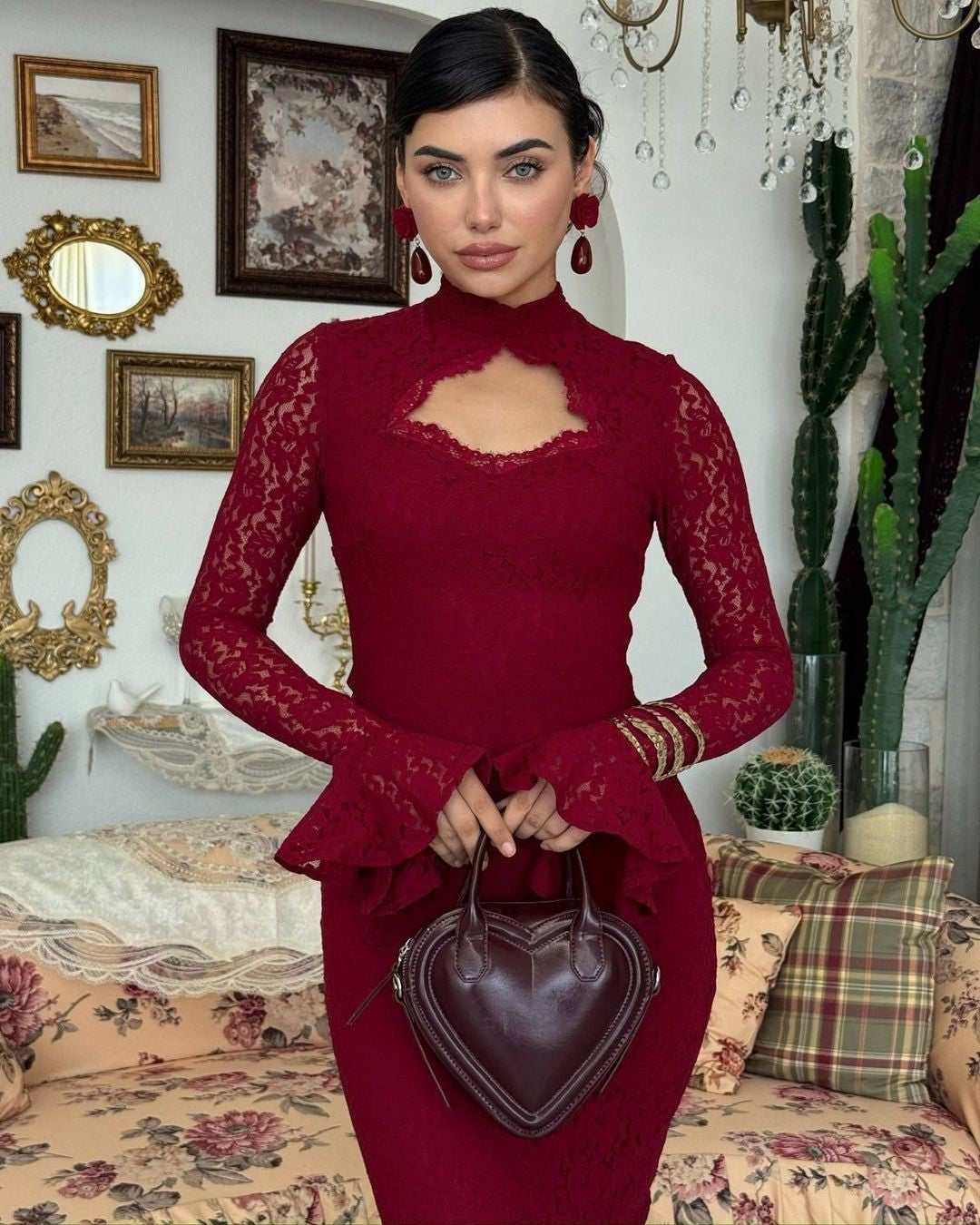 Lace Occasion Dress - Burgundy - front view