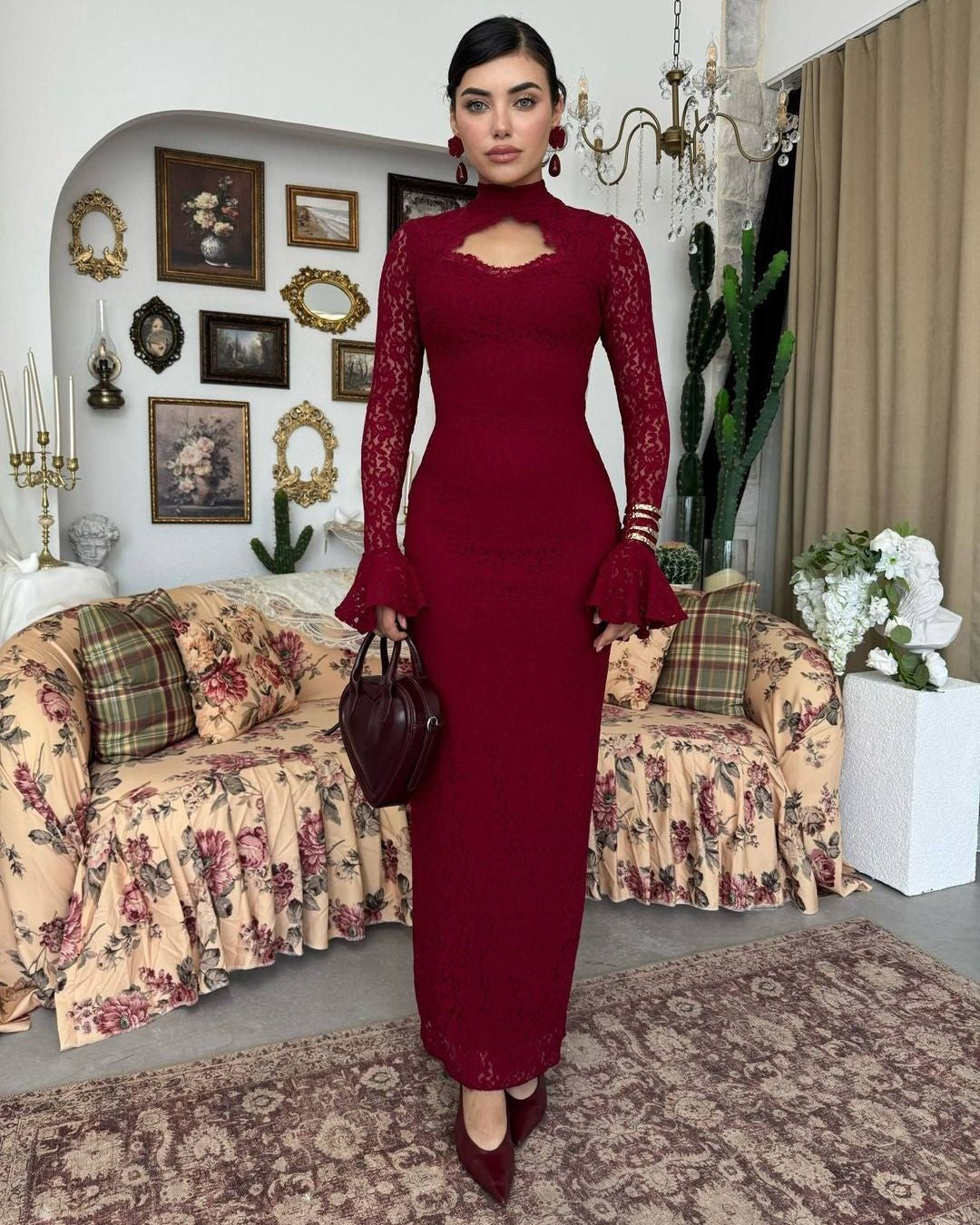 Lace Occasion Dress - Burgundy - front view
