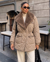 Latte Quilted Cinched Waist Winter Jacket - Beige - front view