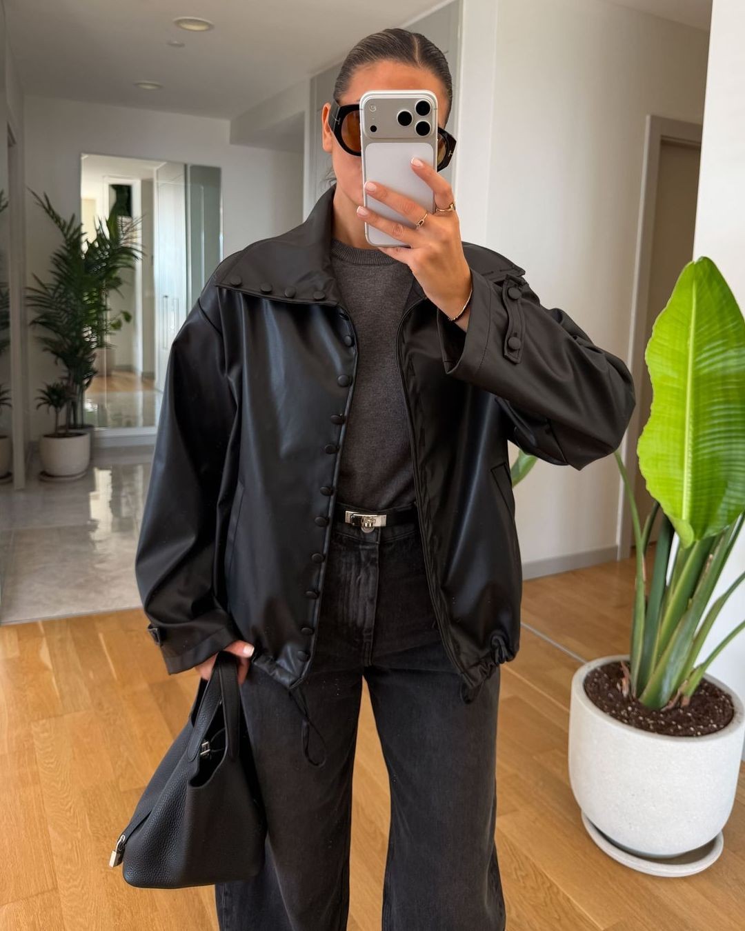 Leather-Look Oversized Jacket - Black - front view