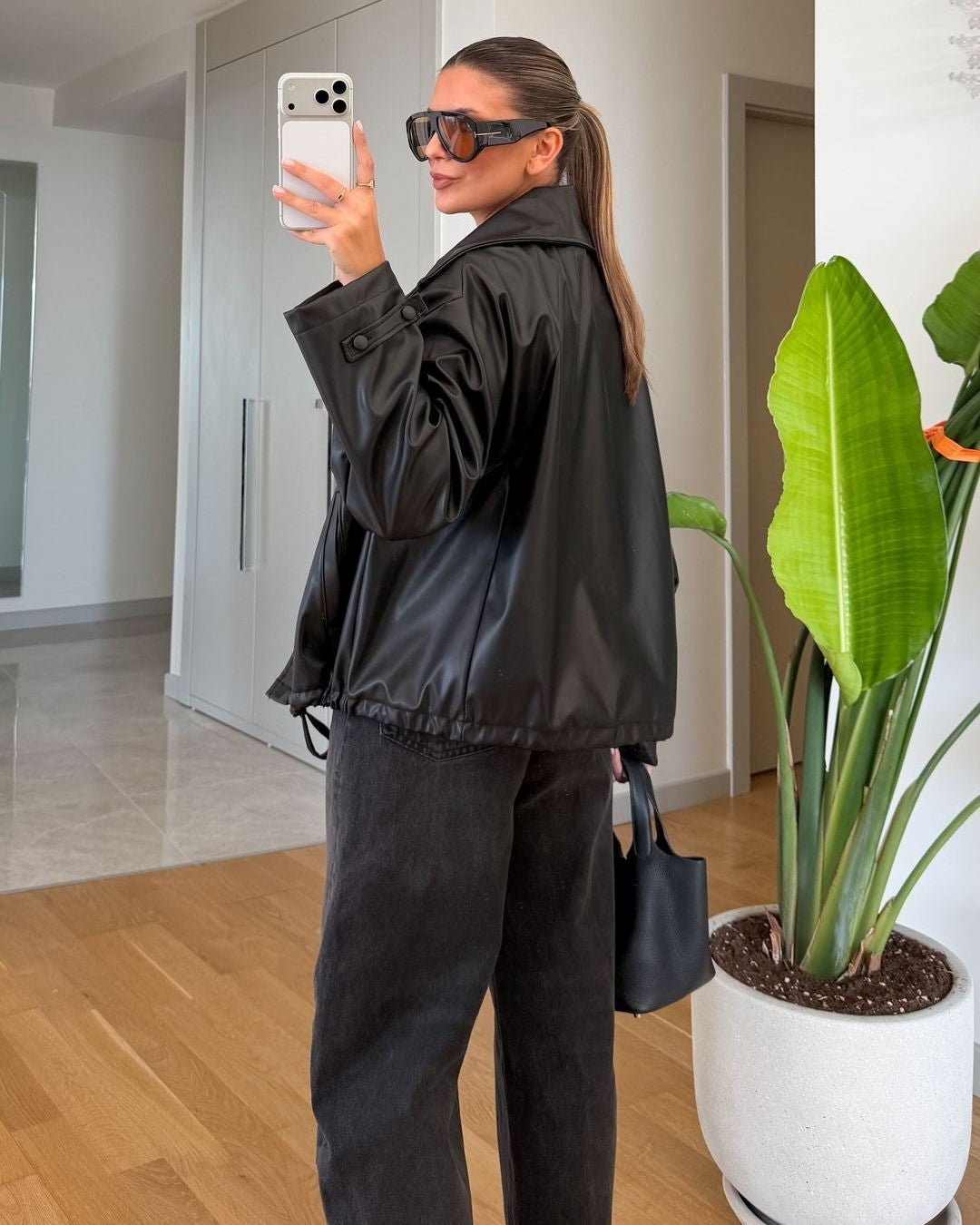 Leather-Look Oversized Jacket - Black - three-quarter view