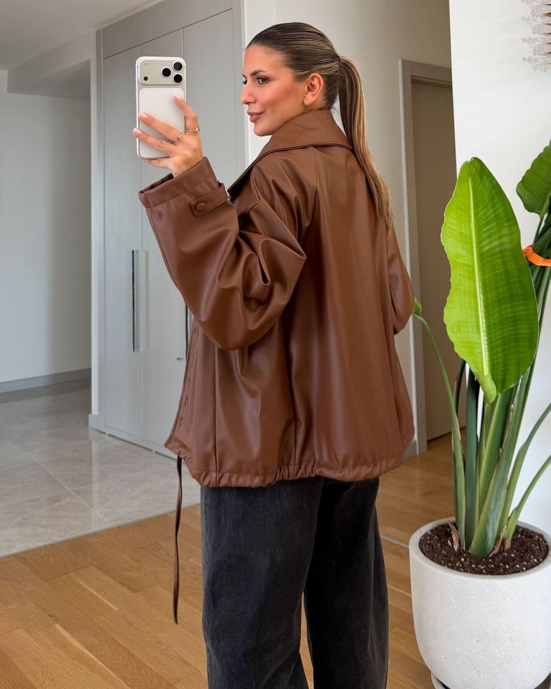 Leather-Look Oversized Jacket - Camel - back view