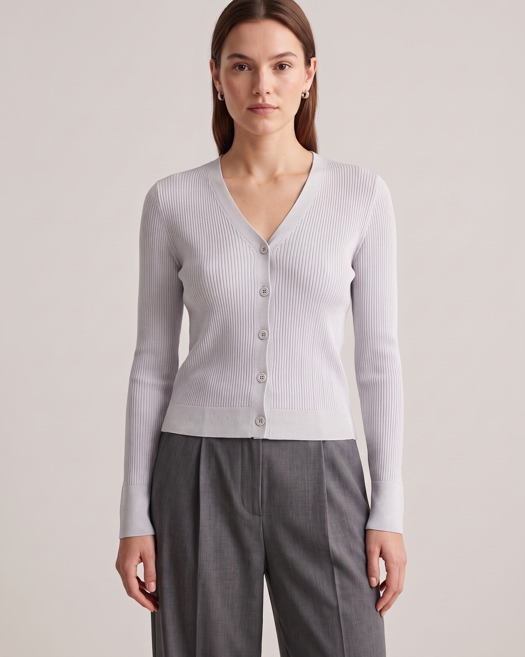 Élodie Ribbed Knit Cardigan - Light Grey - front view