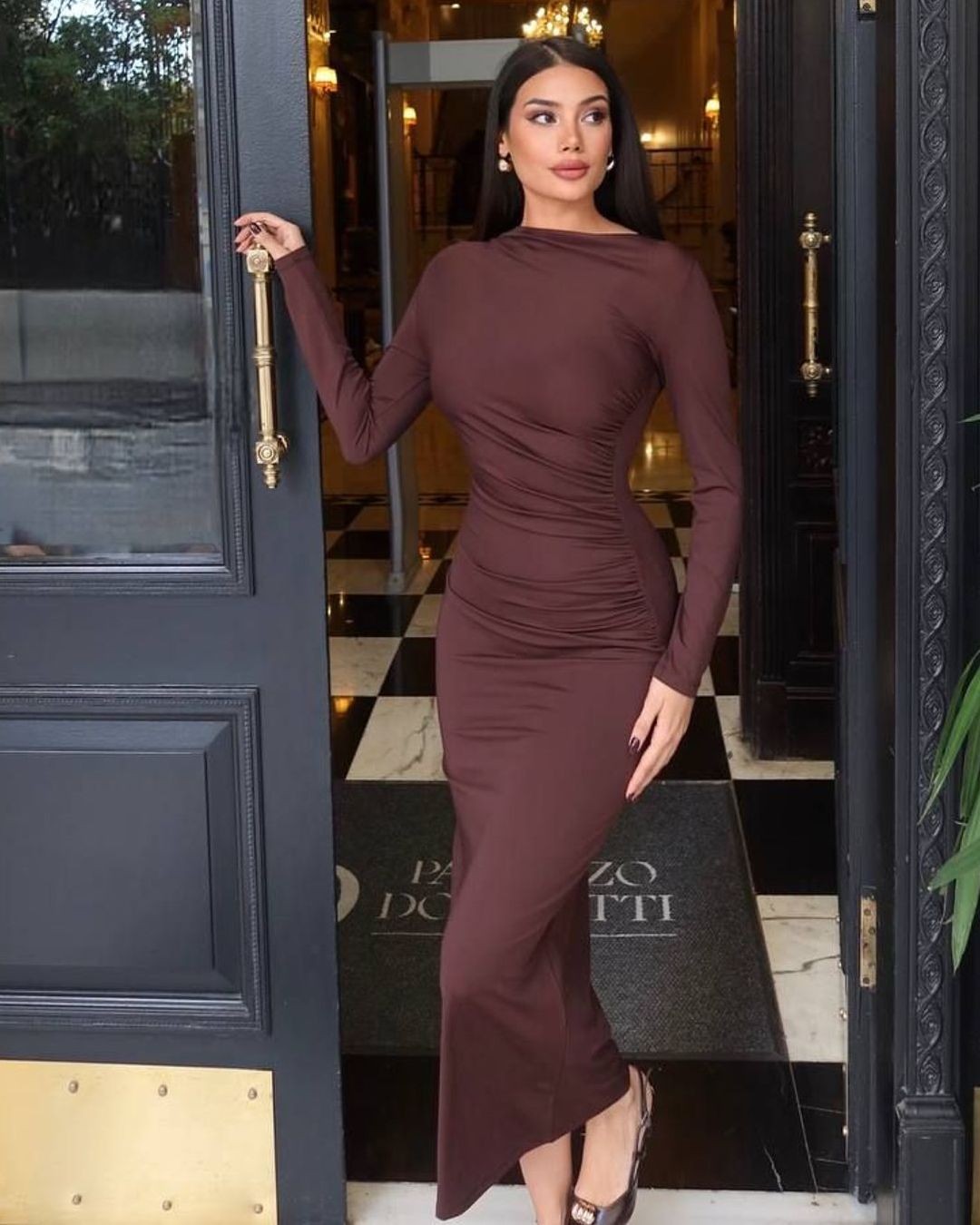 Long Sleeve Bodycon Midi Dress - Brown - front view