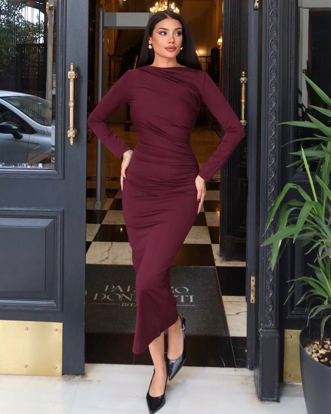 Long Sleeve Bodycon Midi Dress - Purple - front view