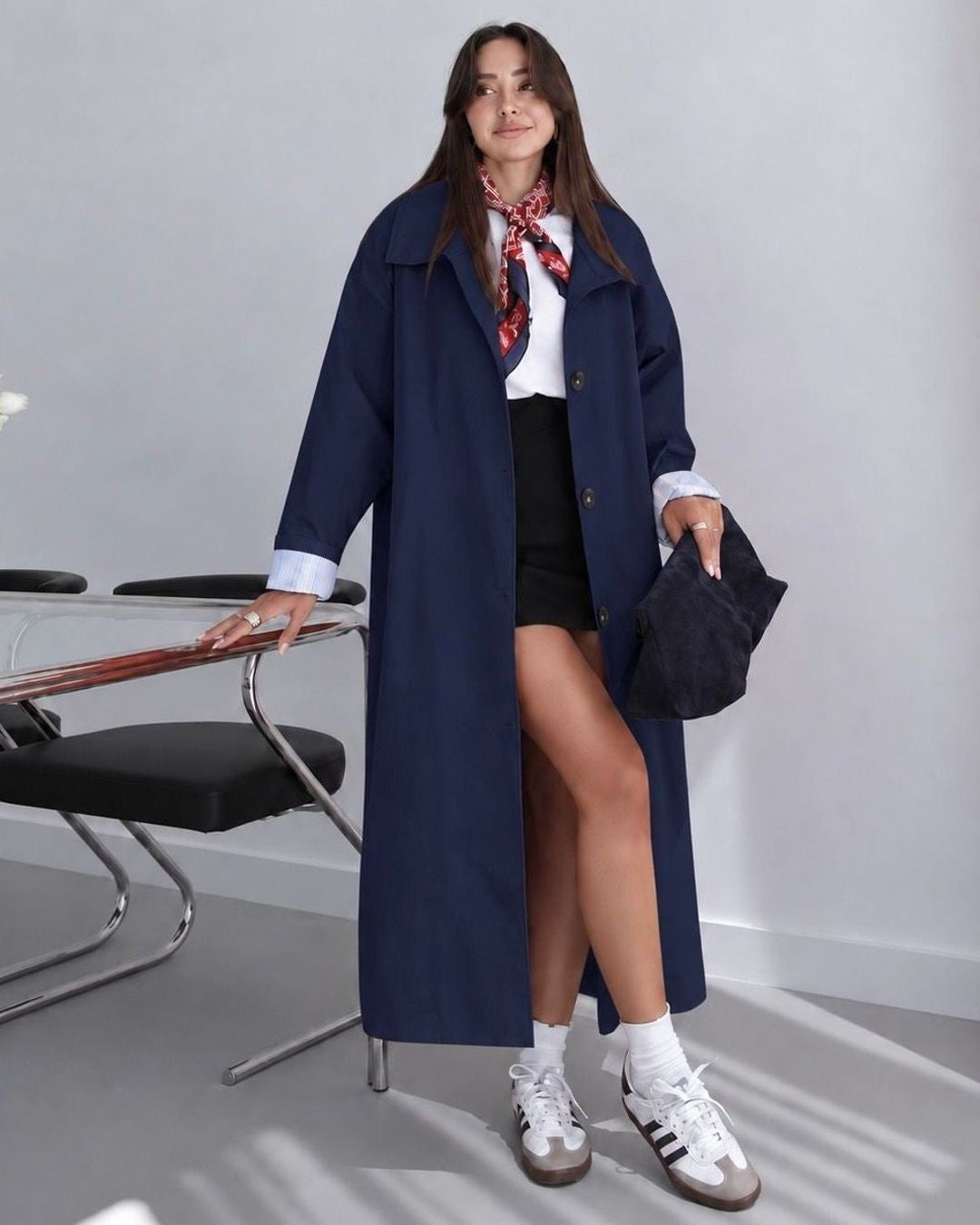 Longline Coat with Striped Cuffs - Navy - front view