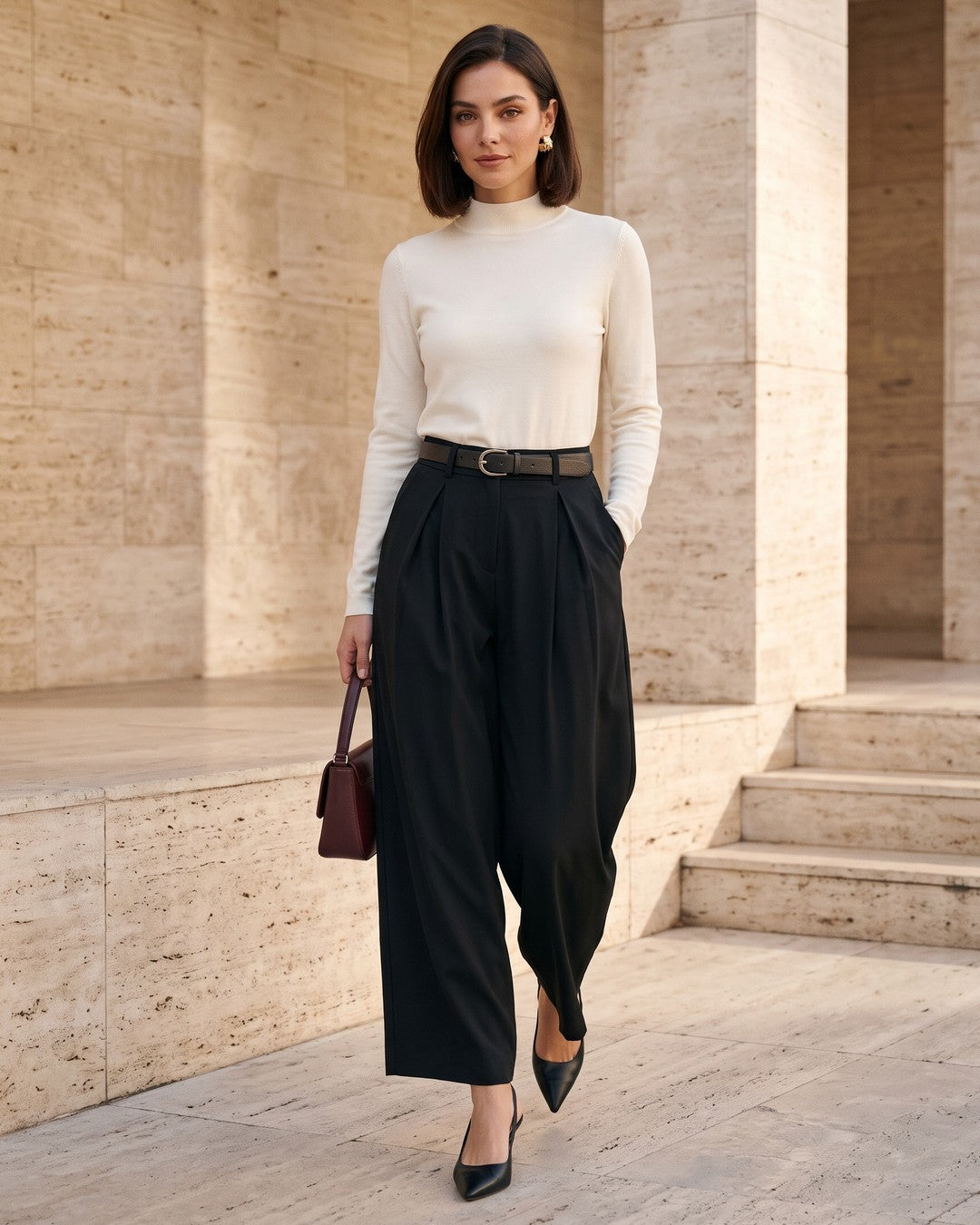 Luna Pleated Trousers - Black - front view