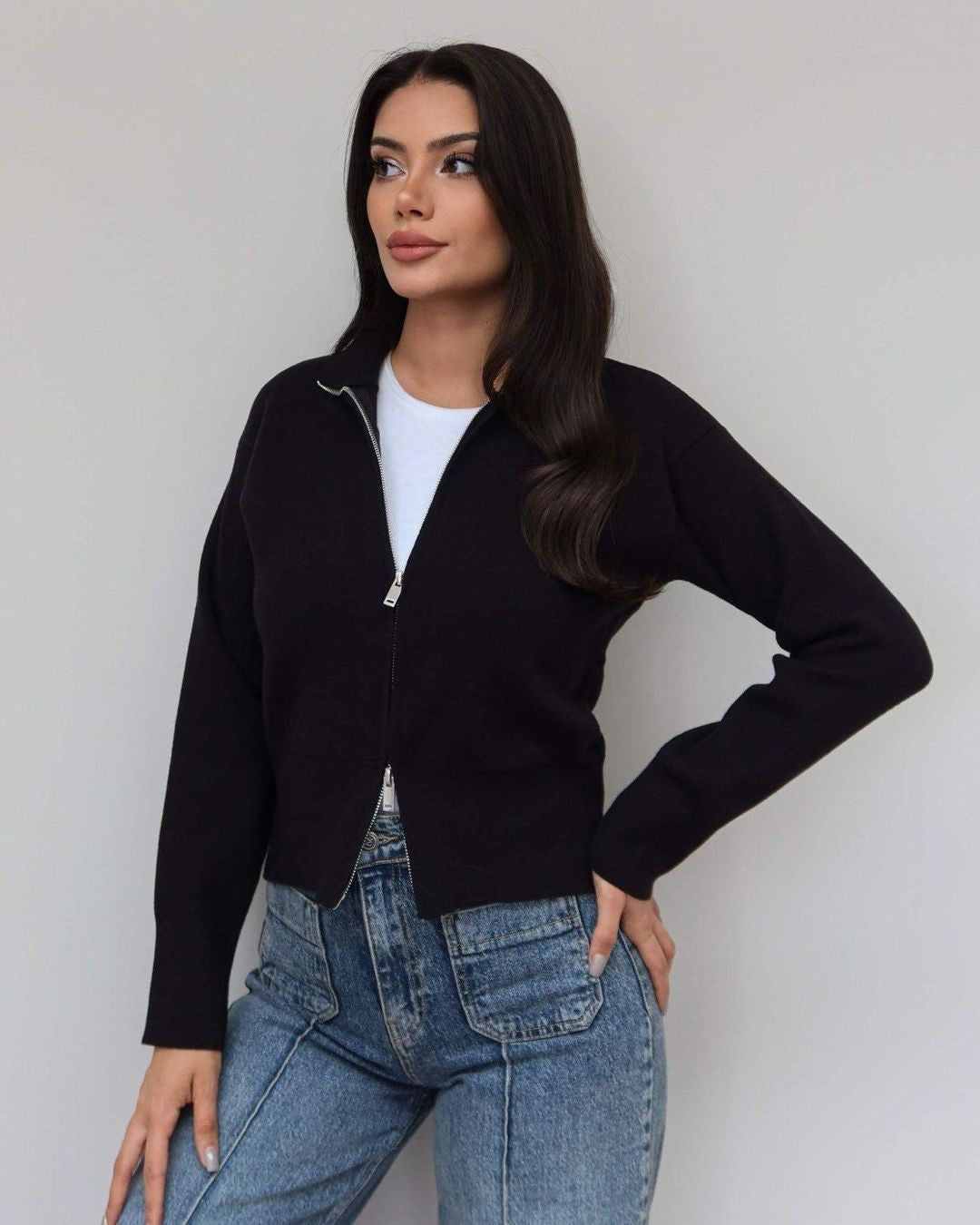 Milano Zip Cardigan - Black - front view