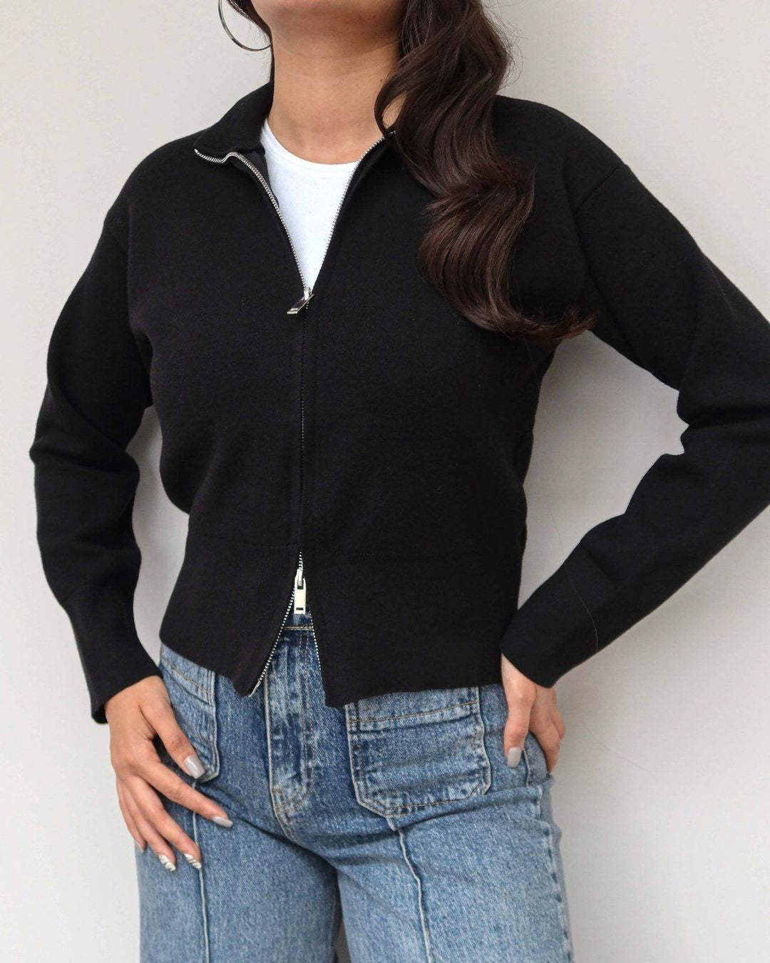 Milano Zip Cardigan - Black - front view