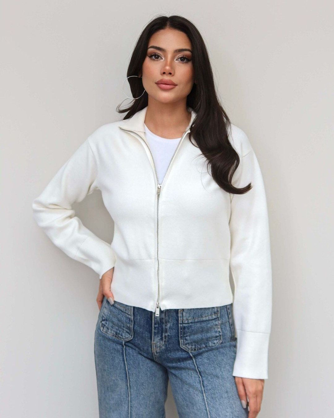 Milano Zip Cardigan - White - front view