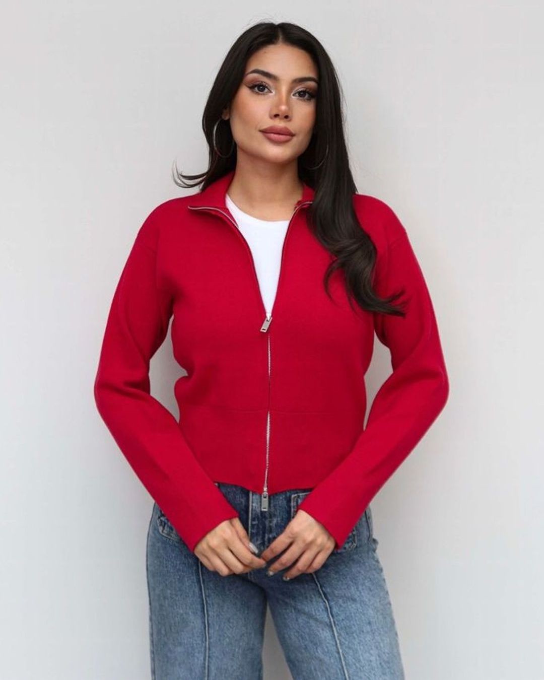 Milano Zip Cardigan - Red - front view